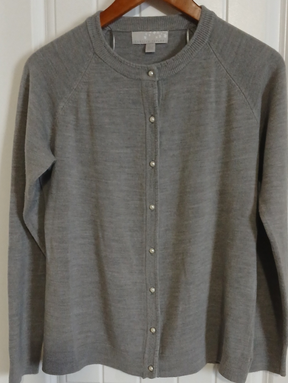 Carolyn Taylor Light Gray Pearl-Button Crewneck Cardigan